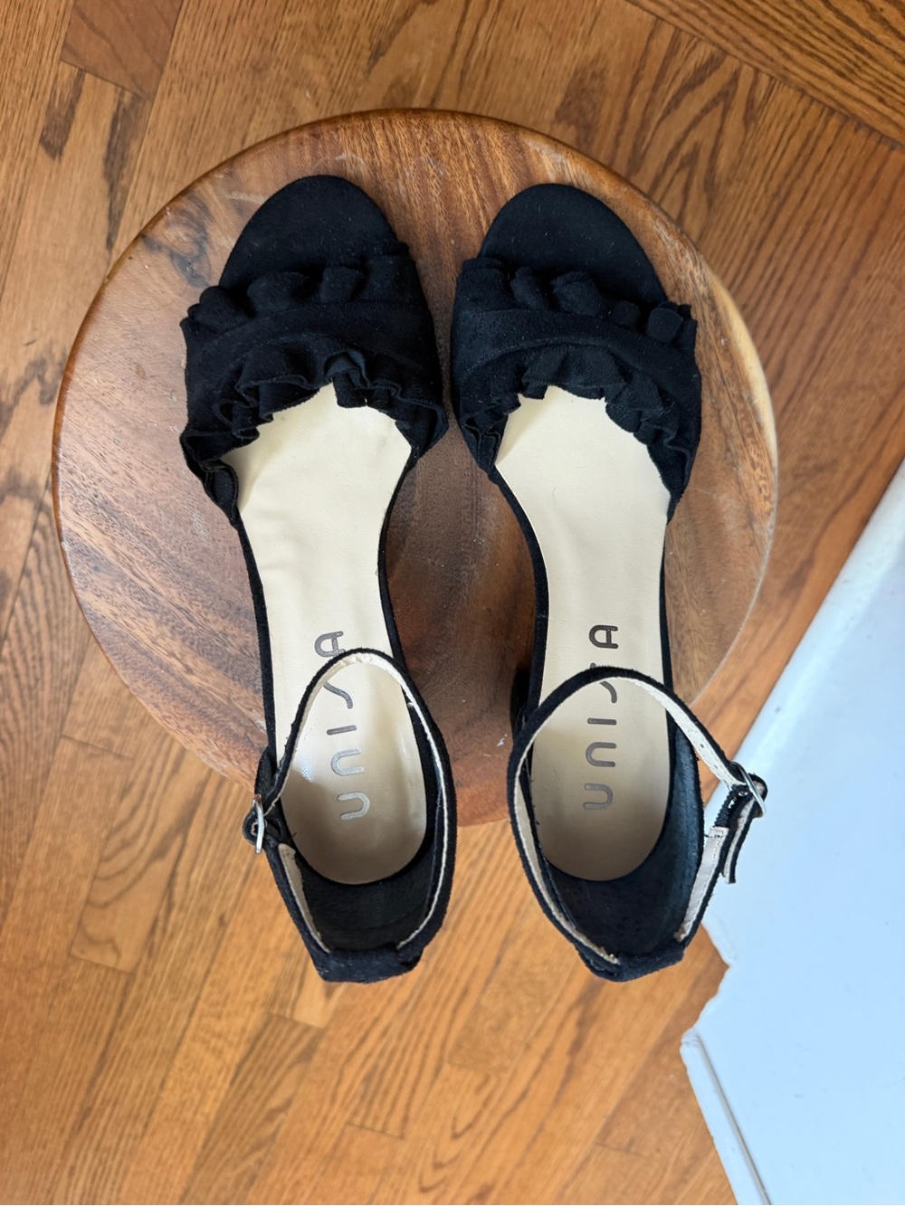 Unisa Black Ruffle Open-Toe Ankle-Strap Heels